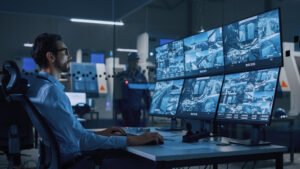 Man sitting in front of security screens.